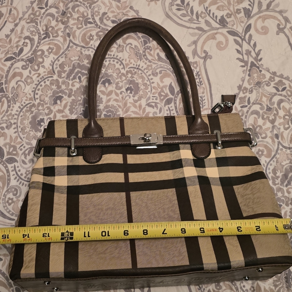 Babibaobei plaid satchel handbag in brown, beige, and black tones.